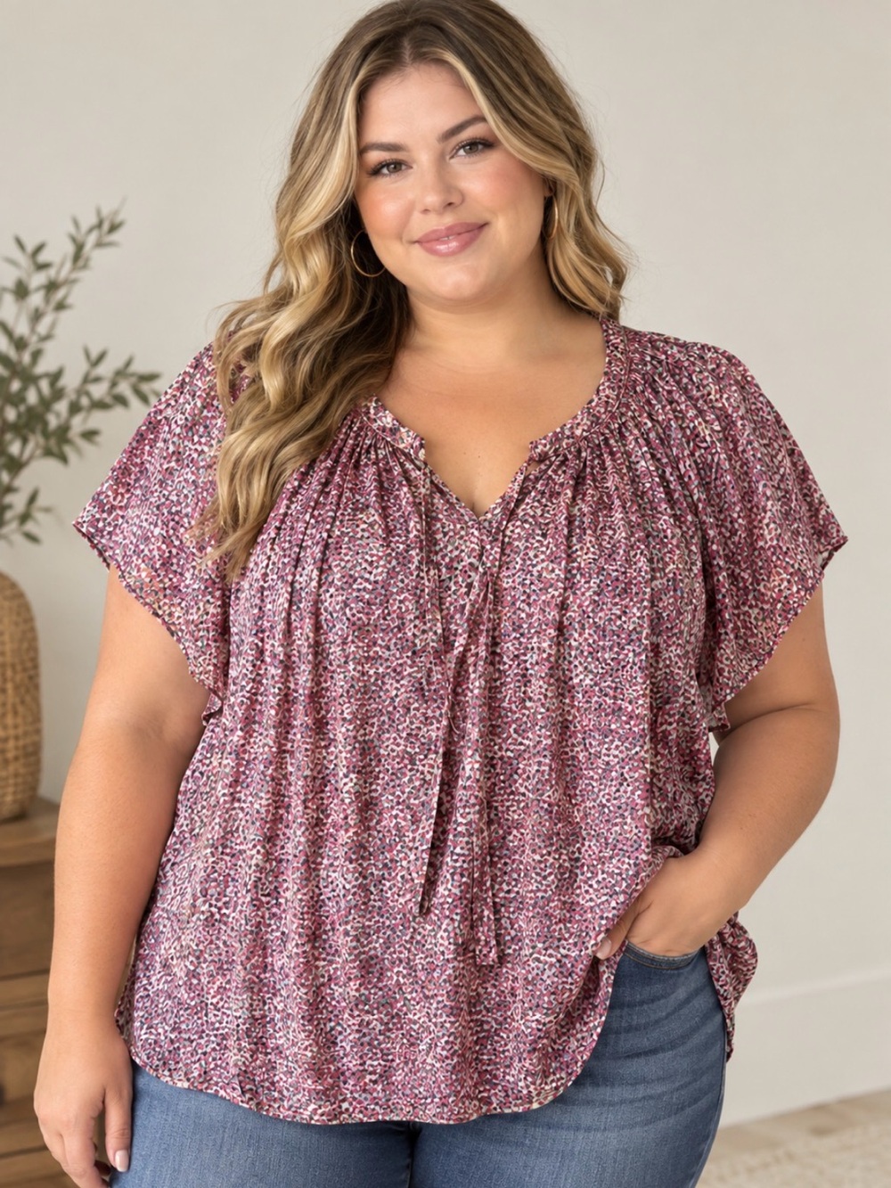 Zac & Rachel Woman Pink Multi Abstract Print Short Sleeve Blouse 3X